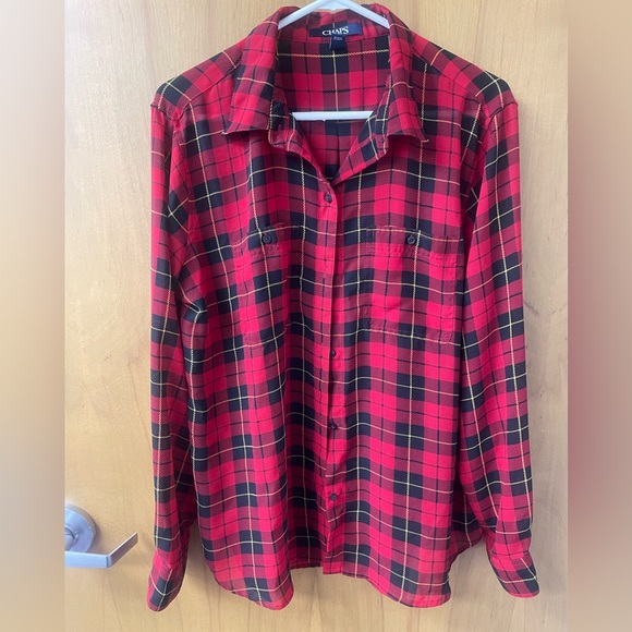 Chaps Red Black Yellow Plaid Women’s Button Up No Iron Shirt Blouse Size XL - Picture 1 of 4